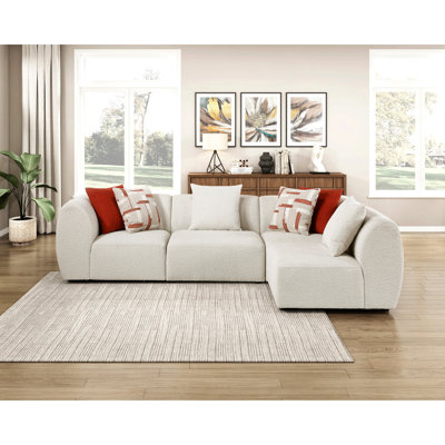 Ensemble de canapés d'angle modulaires luxueux 4 pièces, fauteuils sans accoudoirs, coussins beiges rembourrés, mobilier de salon moderne en bois massif.