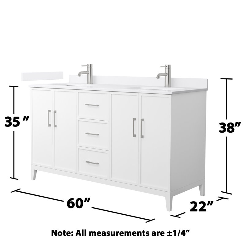 Ensemble de meuble-lavabo double 60 po avec plateau en marbre Elan, Marbre de culture blanc, Blanc, Nickel brossé
