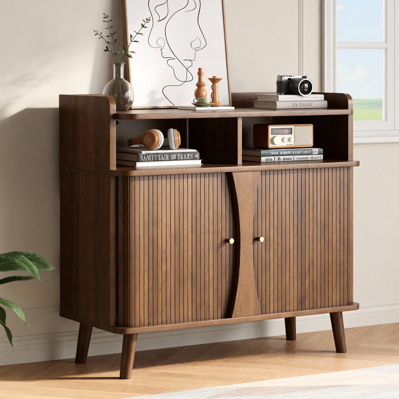 Buffet Mid-Century 39 po en noyer - Portes à volets roulants, tablettes réglables pour la cuisine / le salon / le bar à café