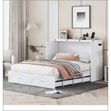 Grand lit escamotable mural avec tiroir et un ensemble de prises et de ports USB, structure à poulie