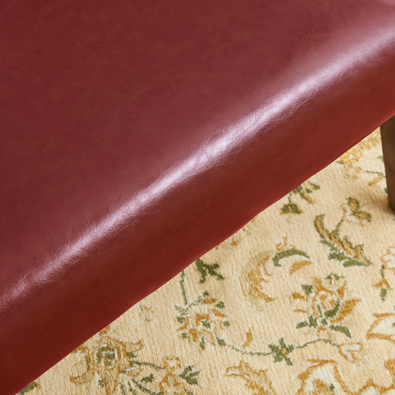 Mid-Century Modern Burgundy Leatherette Accent Stool With Walnut Rubberwood Legs, Burgundy