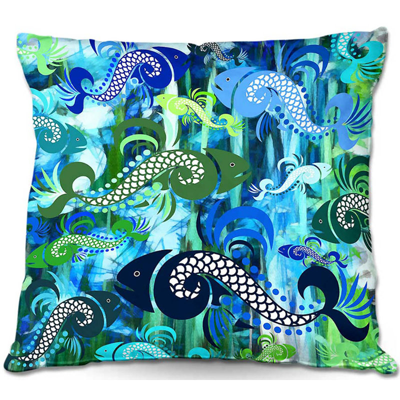 Ensemble de poissons abstraits 1 coussin décoratif carré, 18 po x 18 po, Bleu / vert / ivoire