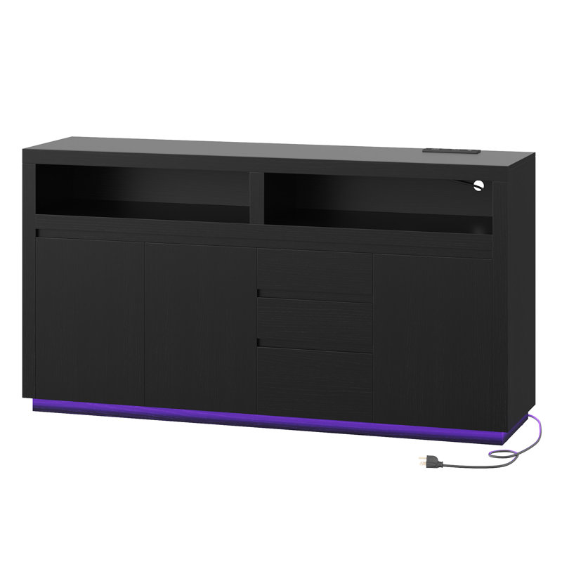 TV Stand Cabinet With Built-In LED Lights & Surge-Protected Outlet | All-In-One Modern Entertainment Center, Matte Black