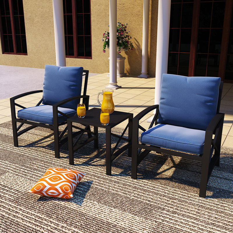 Brisaida 3-Piece Metal Patio Conversation Set with Cushions and Coffee Table, Blue