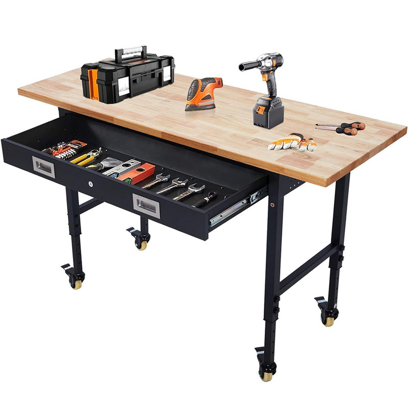 Établi réglable 48 po x 24 po avec plateau en bois d'hévéa, table de travail roulante avec prises de courant