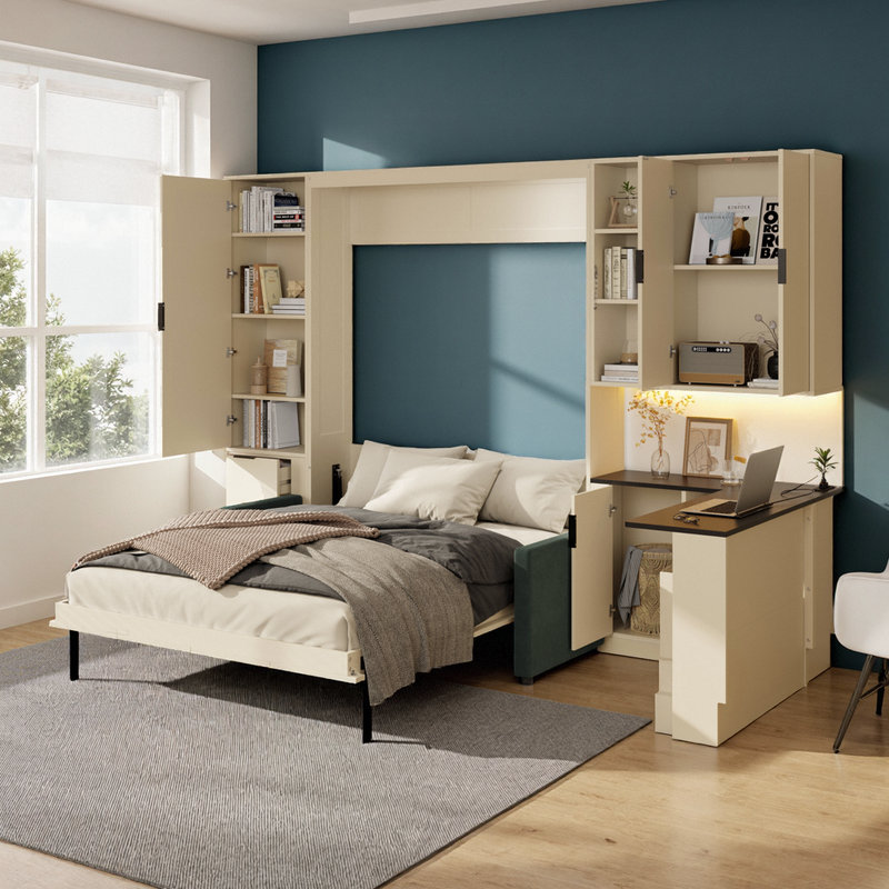 Grand lit escamotable hydraulique avec canapé et bureau intégrés, Beige