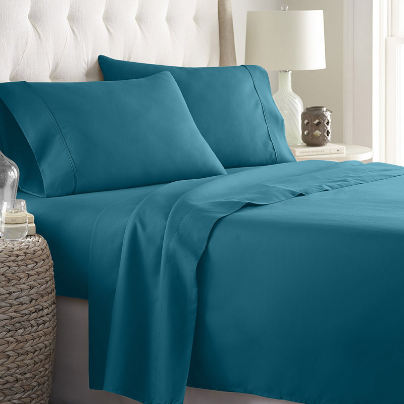 Ensemble de draps en sergé de coton 1000 fils , Bleu sarcelle, Ensemble de drap pour lit très grand avec drap-ho