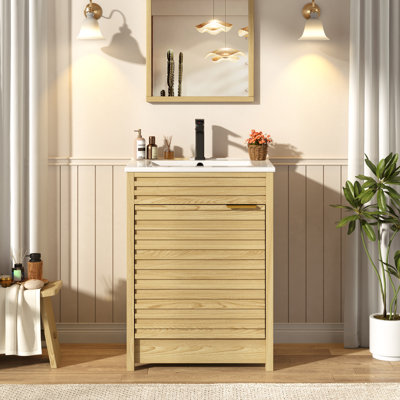 Meuble-lavabo de salle de bain avec lavabo, robinet, tablettes de porte et tablettes latérales ouvertes