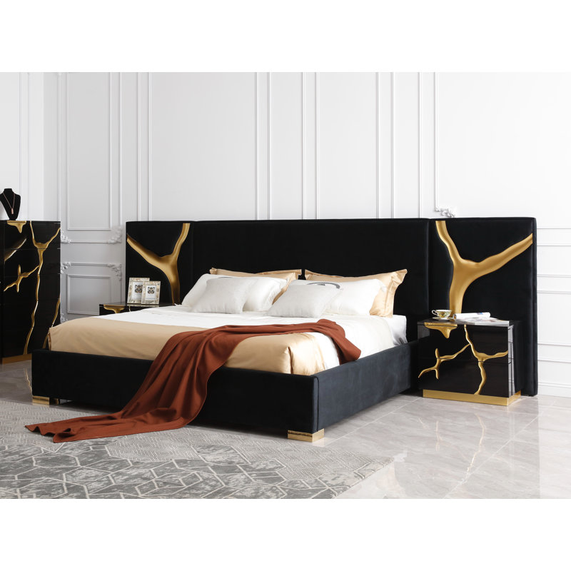 Lit velours noir très grand et doré Velva Eastern King Glam