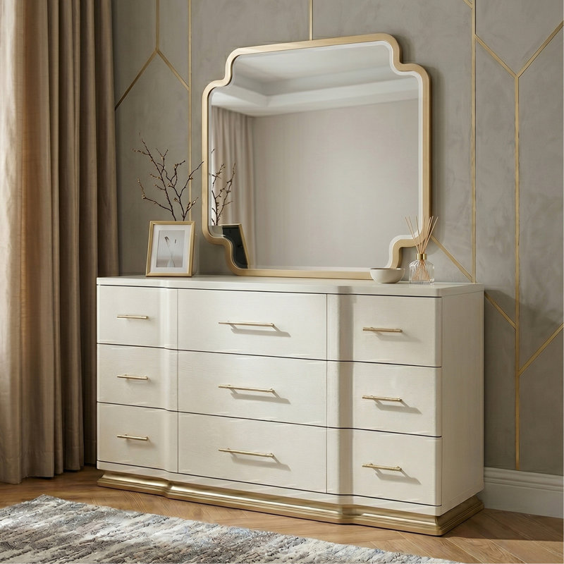 Lexington Modern Bedroom Mirror in Beige with Sculpted Frame and Gold Accents (Dresser not included)