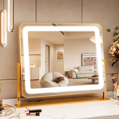 500*400MM*30" Square LED Vanity Mirror – 3-Color Dimmable Touch Screen Makeup Mirror with 360° Rotation, Adjustable Brightness, Memory Function, Aluminum Frame, Tabletop Cosmetic Mirror for Bathroom, Bedroom