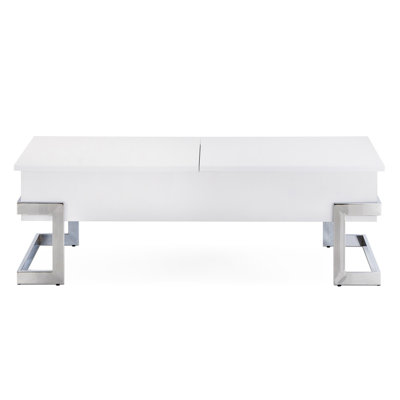 Modern Wood And Metal Coffee Table With Half Lift Gliding Lid Sleek Liftable Top Spacious Storage Compartment, White