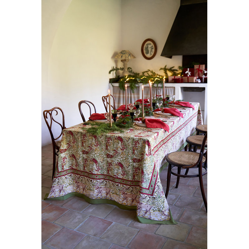 Renne Handmade Floral Tablecloth, 142" x 71", Green/Red