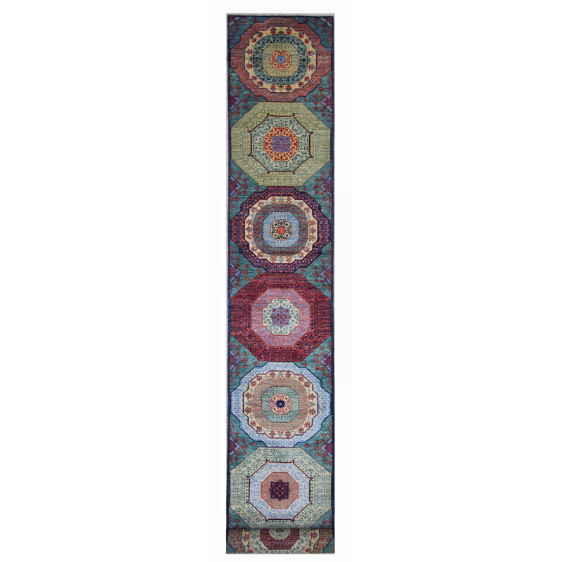 Tapis bleu marine noué à la main, Tapis de couloir 2 pi 7 po x 19 pi 11 po