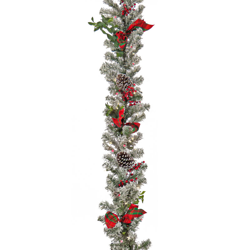 9' Snowy Pine Cone Garland with LED Lights and Bows