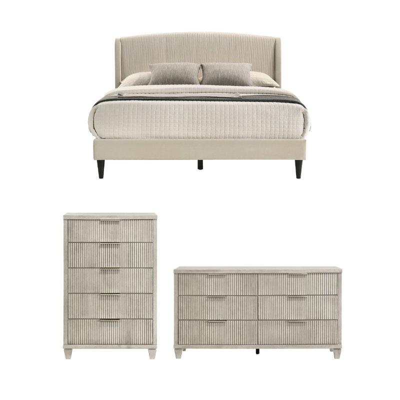 Jolande Contemporary Solid Wood 3 Pieces Bedroom Set, Queen, 3 Pcs: Bed, Chest, Dresser