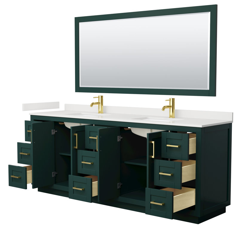 Ensemble de meuble-lavabo double autoportant 84 po avec plateau en quartz Miranda, Quartz blanc, Vert, Or brossé