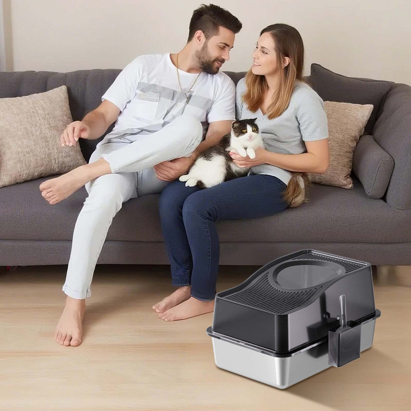 Stainless Steel Cat Litter Box Enclosed, Large Stainless Steel Cat Litter Tray with Lid/Scoop, Extra Deep Covered Toilet for Cat Kitten, Odour-Resistant, Easy to Clean