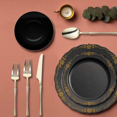 Black with Gold Vintage Disposable Plastic Tableware Set - 60 Settings