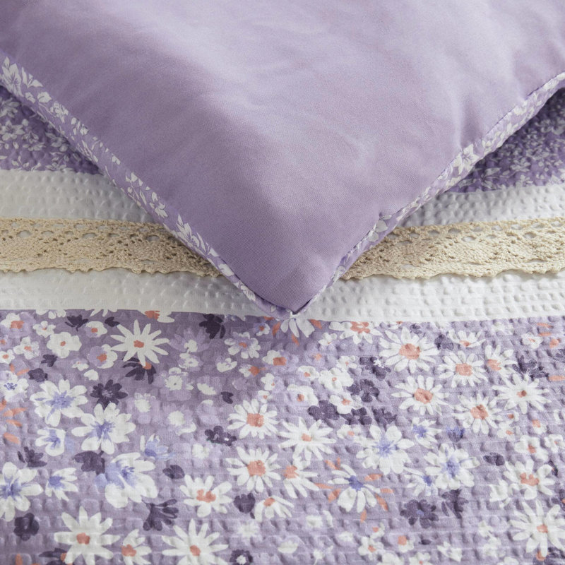 5 Pcs Full/Queen Seersucker Comforter And Pillow Ensemble - Shabby Chic Decor, Three Floral Patterns, Lace Trimmed Pillows Look, Botanical Prints, Filling, Machine Washable