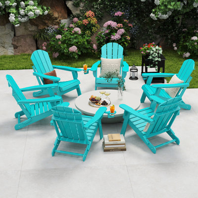 (Set of 6) Hdpe Folding Outdoor Adirondack Chair With Cup Holder by Rosecliff Heights