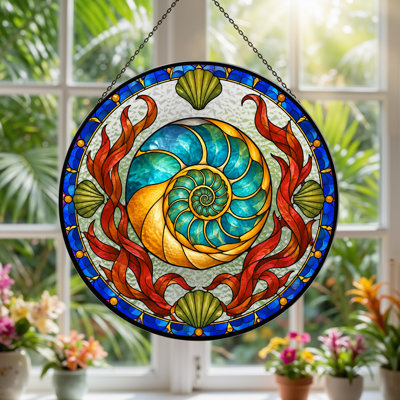 Blue And Gold Nautilus Shell Stained Glass Circle Canvas Wall Art