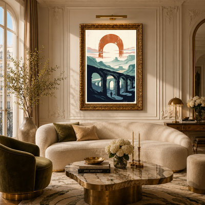 «Stone Aqueduct Bridge Under Orange Arch in Desert Canyon», art mural sur toile
