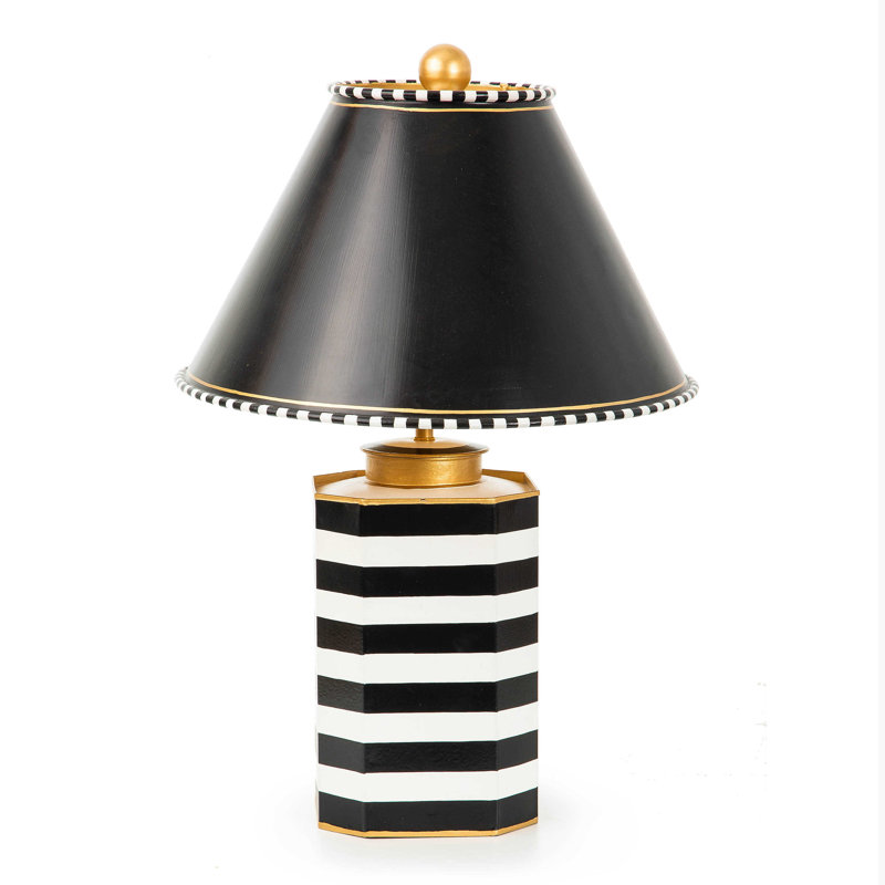 Black and White Striped Ceramic Table Lamp with Gold Trim