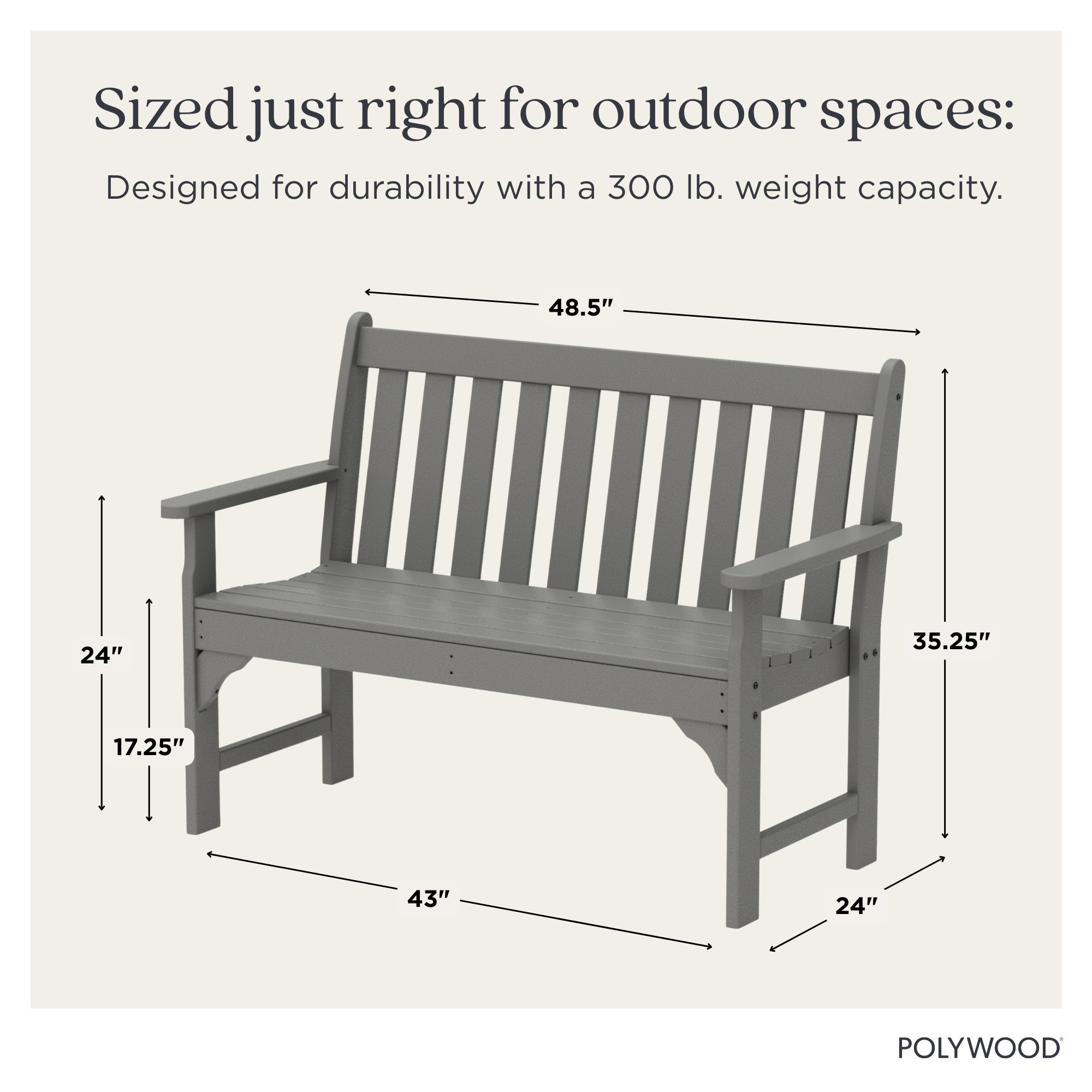 POLYWOOD Vineyard Patio Bench, Slate Gray, 35.25" H x 48" W x 24" D