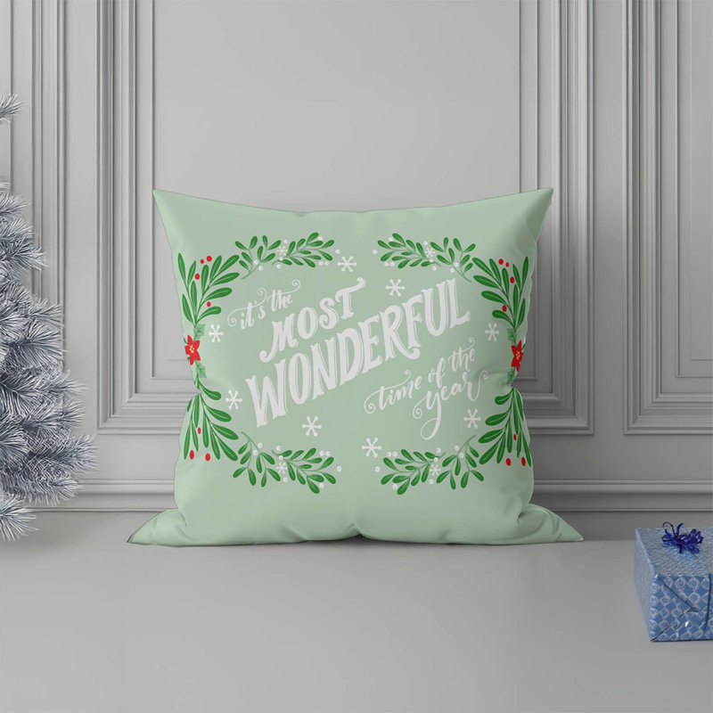 Coussin décoratif d'intérieur It's It's the Most Wondeful Time of the Year Seasonal, Motif floral vert, Carré 18 po