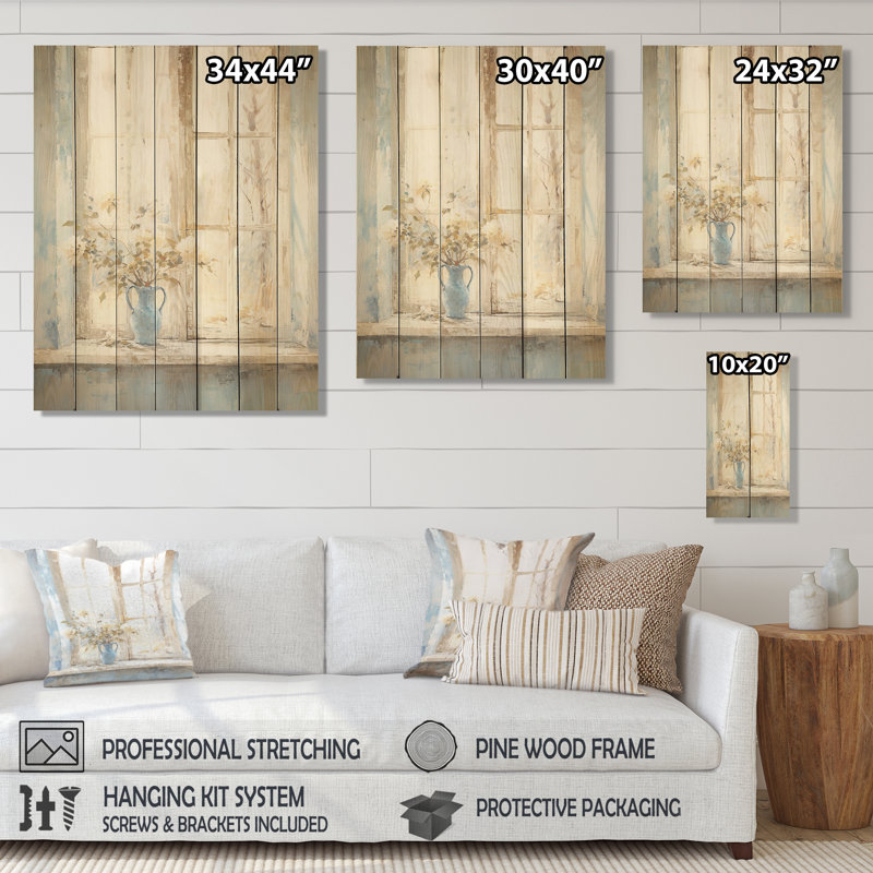 Impression florale blanche et bleue minimalisme I - fenêtres de ferme sur bois, H 40 po x l 30 po