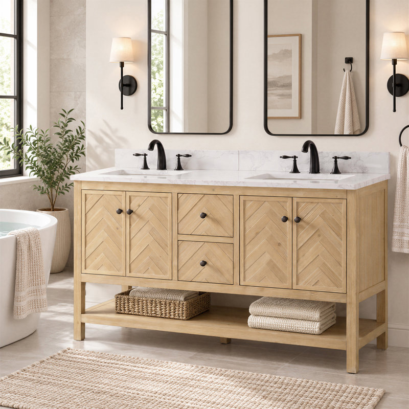 Ensemble de meuble-lavabo double 60 po Chazden, Cèdre naturel, Cuivre antique
