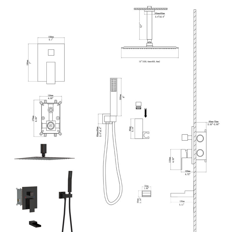 Yountville 16" Rain Shower Head Systems with Waterfall Tub Spout ,Oil Rubber Bronze,Ceiling Mounted shower