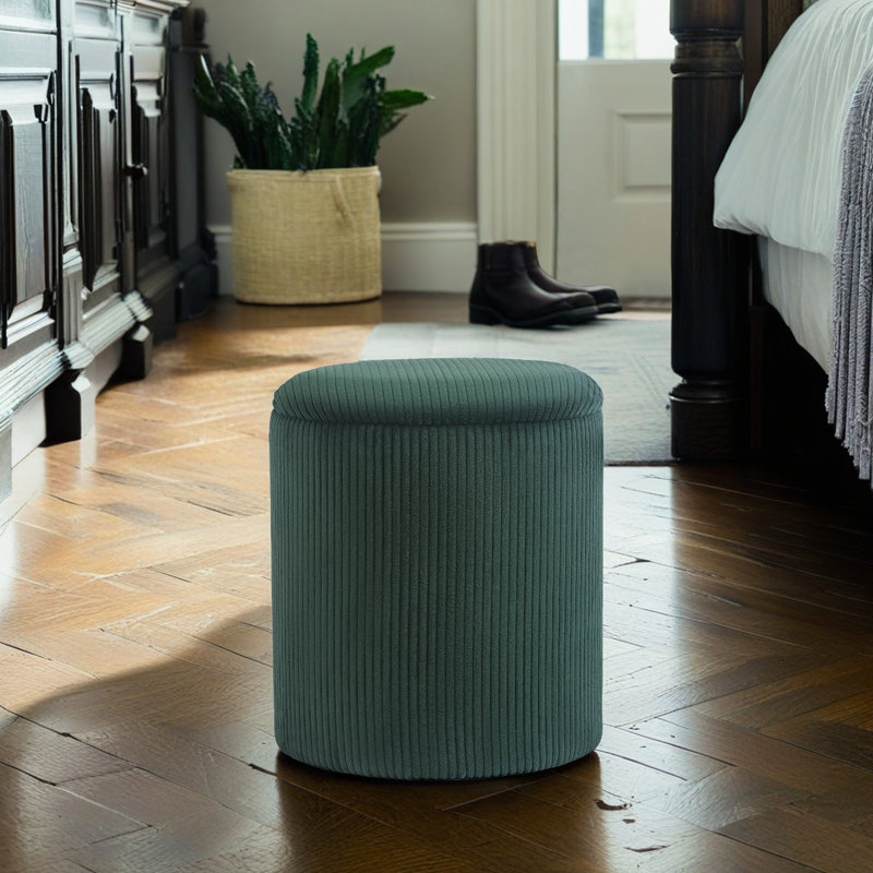 16.9 Inches Height Upholstered Round Storage Ottoman, Dark Green Corduroy