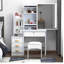 Ensemble coiffeuse blanc avec miroir et fauteuil à DEL - éclairage réglable 3 couleurs, coiffeuse 4 tiroirs