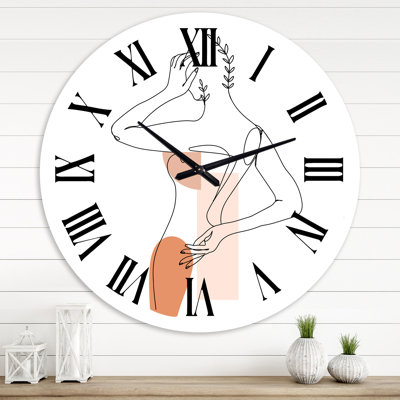 One Line Portrait de femme avec feuilles et formes II - horloge murale moderne