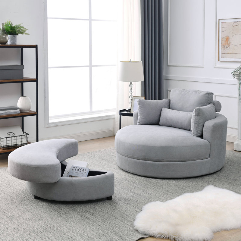 Fauteuil d'appoint pivotant, fauteuil demi-tonneau avec coussins et repose-pieds avec rangement