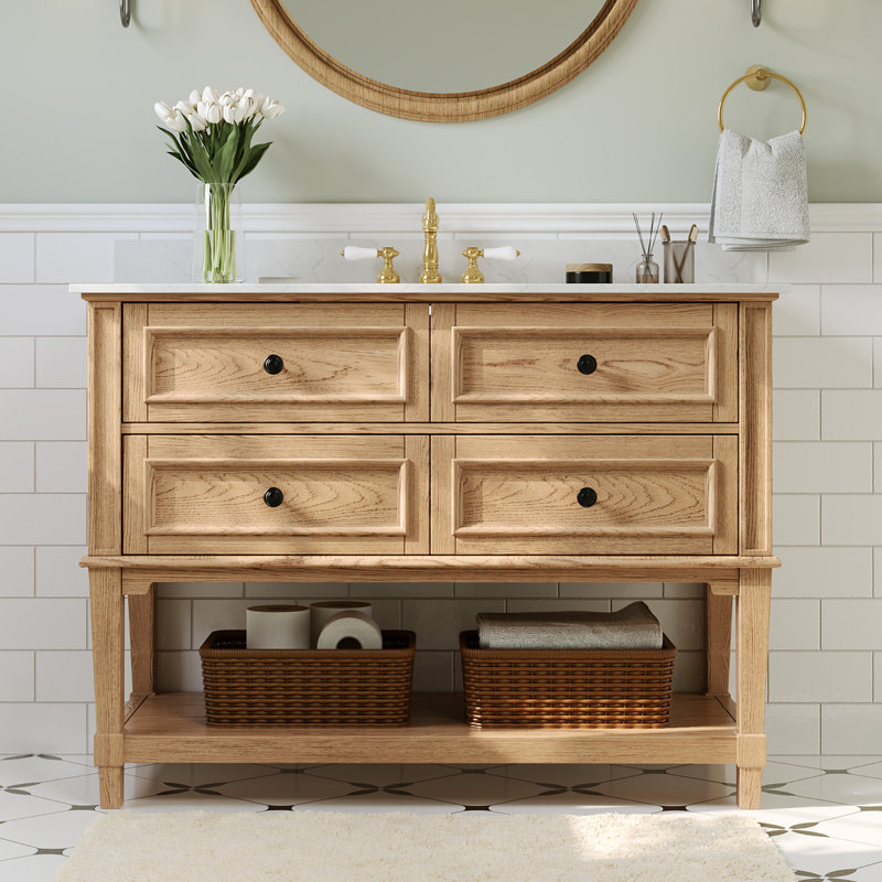48" Fully Assembled Single Bathroom Vanity with Engineered Marble Top, Natural Wood, Natural wood