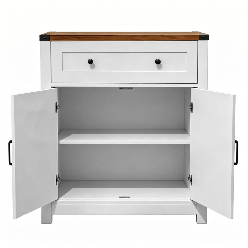 Buffet 30 po avec tiroirs et tablettes réglables, organisateur de porte de grange en grain de bois blanc pour cuisine, salle à manger, salon, vestibule, bar