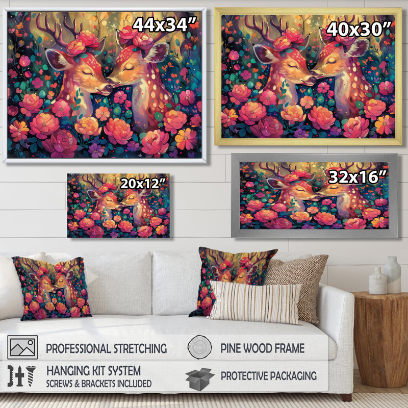 Rose et vert, forêt de cerfs, impression d'art mural, Toile tendue, 12" H x 20" W