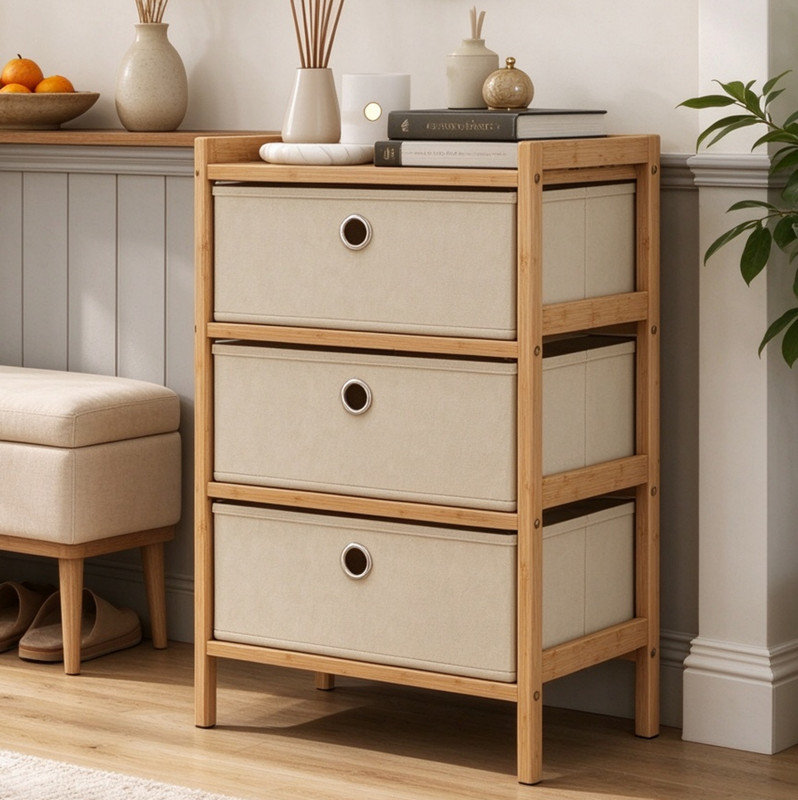 Minimal Bamboo Framed Storage Chest with Fabric Drawers, Cream Slim Dresser for Small Spaces