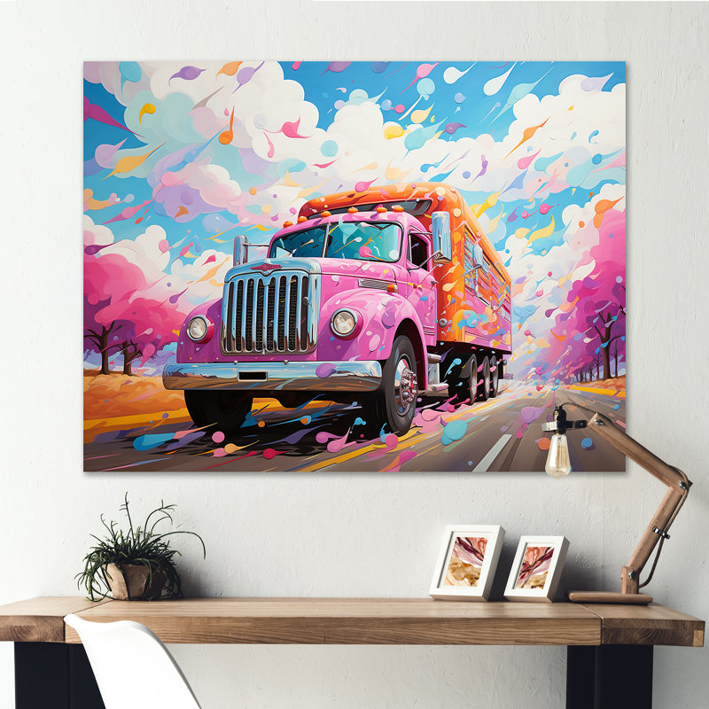 Camion Raimbow rose sur toile, H 34 po x l 44 po x P 1,5 po, Toile tendue