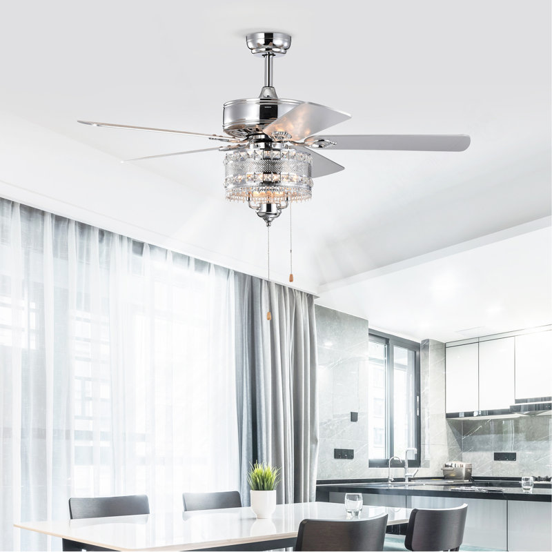Ventilateur de plafond en cristal classique 52 po 52 pales réversibles pour salon, salle à manger, chambre à coucher, salle familiale, chrome