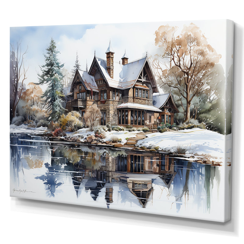 «Lakehouse In Winter Charm», reproduction sur toile, Toile tendue, H 16 po x l 32 po x P 1 po