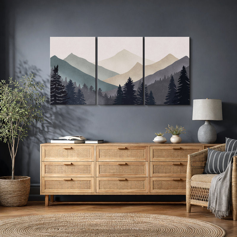«Sun Mountain Landscape», œuvre abstraite de forêt neutre, images murales minimalistes modernes, impression sur toile encadrée, 3 pièces