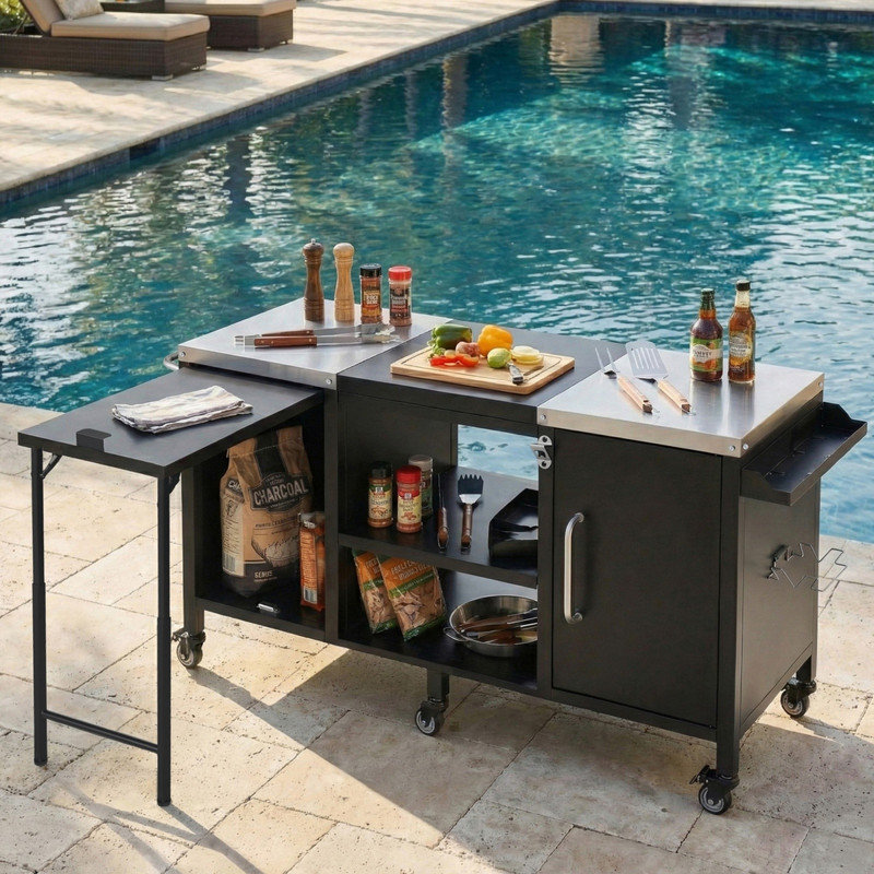 Grande table de barbecue 72,4 "pour Big Green Egg & Kamado Joe - Îlot de cuisine extérieur en métal avec table de préparation pliable, tablettes réglables et support à épices