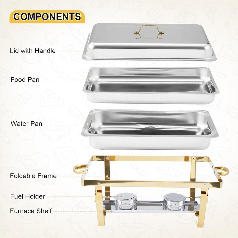 Ensemble de 4 réchauds à frire, ensembles de réchaud en acier inoxydable de 8 pte et buffet avec couvercle, Or/argent