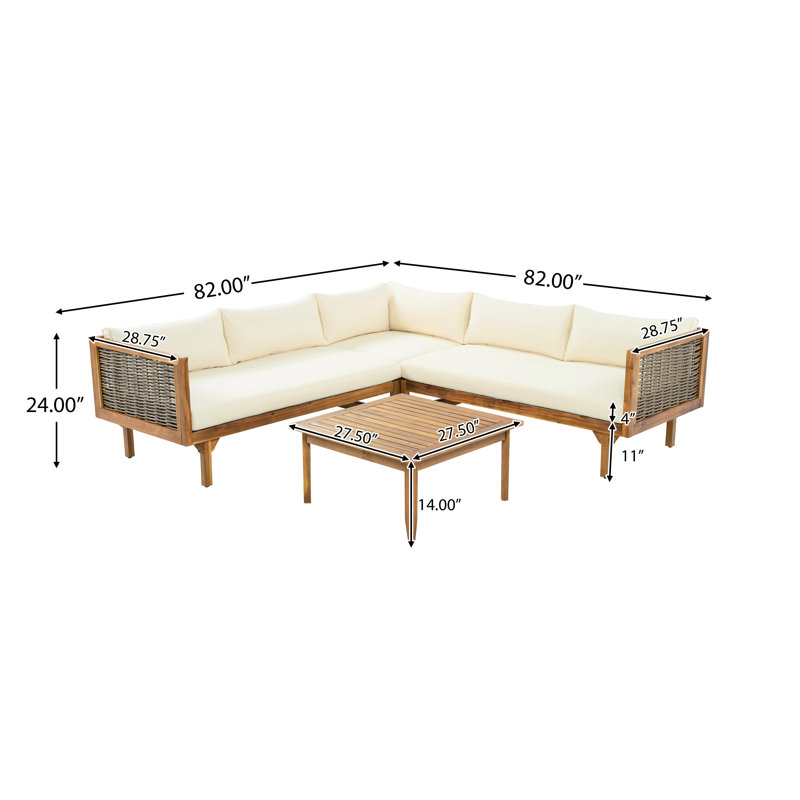 Eli Patio 4-Piece Acacia Wood Sectional Sofa Set With Removable Cushions, Beige
