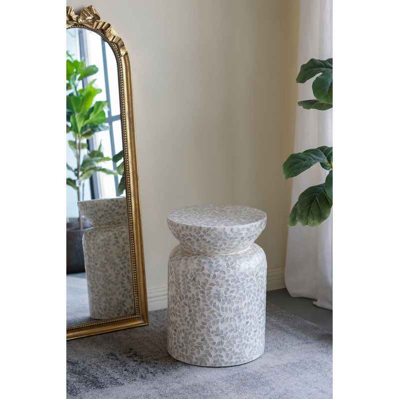 Round Bamboo Accent Table with Capiz Shell Inlay – Compact Side Table for Indoor Décor