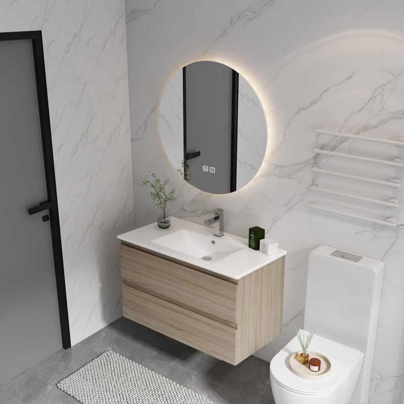 Meuble-lavabo mural avec lavabo en céramique, Chêne clair, 36"
